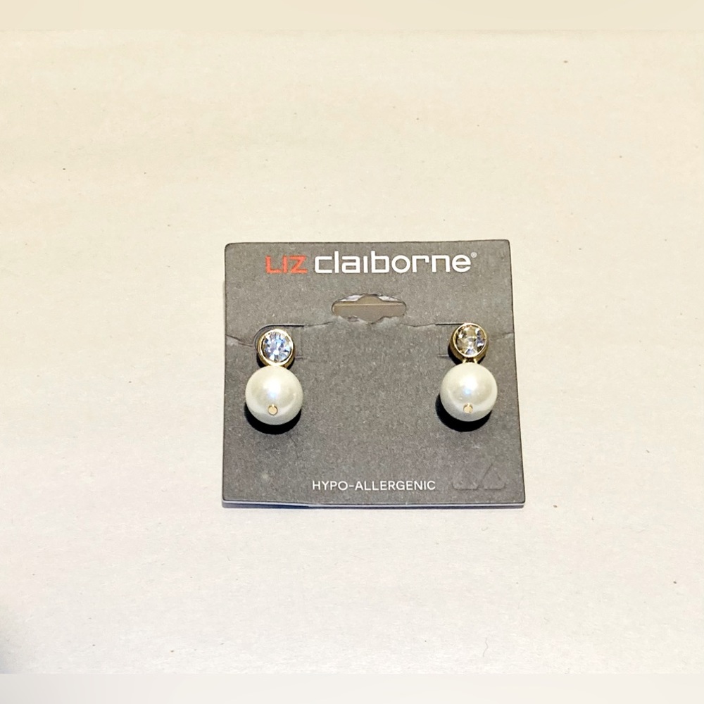 LIZ CLAIBORNE PEARL AND RHINESTONE PIERCED EARRINGS